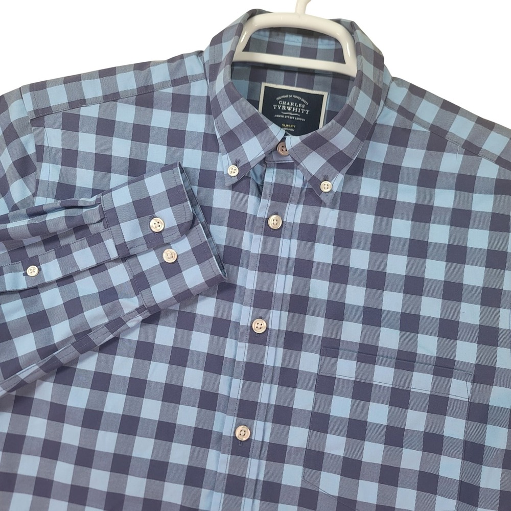 Charles Tyrwhitt Button Down Shirt Mens Medium Blue Gingham Slim Fit‎ Preppy